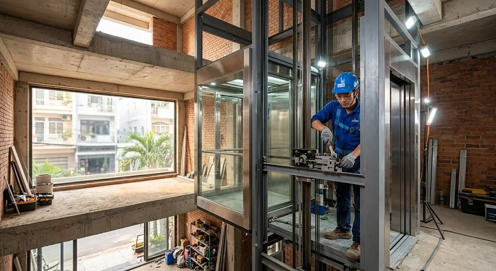 Kỹ thuật viên thi công lắp đặt thang máy gia đình nhà 3 tầng.