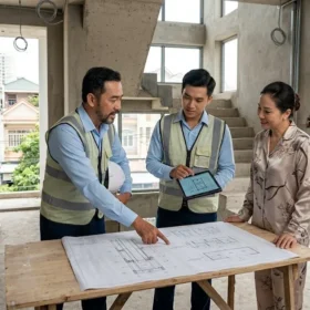 Kỹ sư tư vấn lắp đặt thang máy gia đình nhà 3 tầng tại công trình.