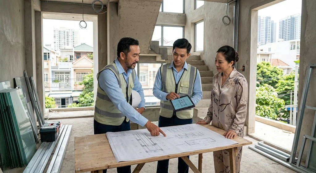 Kỹ sư tư vấn lắp đặt thang máy gia đình nhà 3 tầng tại công trình.