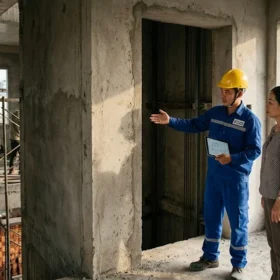 Kỹ sư giám sát quá trình lắp đặt thang máy gia đình nhà 3 tầng thực tế.