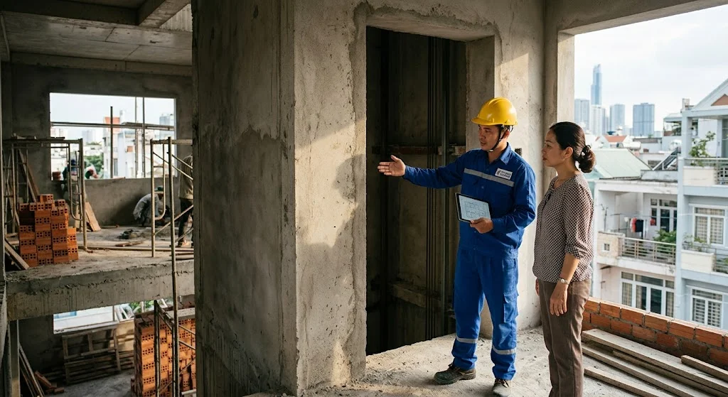 Kỹ sư giám sát quá trình lắp đặt thang máy gia đình nhà 3 tầng thực tế.