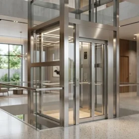 Mẫu thang máy gia đình nhà 5 tầng thiết kế kính cường lực hiện đại sang trọng.