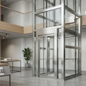 Mẫu thang máy gia đình nhà 5 tầng thiết kế lồng kính sang trọng.