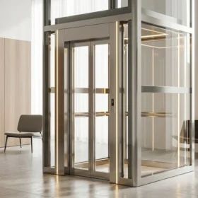 Ảnh toàn cảnh thang máy gia đình nhà 5 tầng hiện đại trong showroom High Vision.