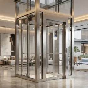 Mẫu thang máy gia đình nhà 5 tầng vách kính sang trọng tại showroom.