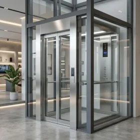 Mẫu thang máy gia đình nhà 5 tầng thiết kế vách kính hiện đại tại showroom.