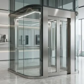 Hình ảnh tổng quan thang máy gia đình nhà 5 tầng lồng kính hiện đại.