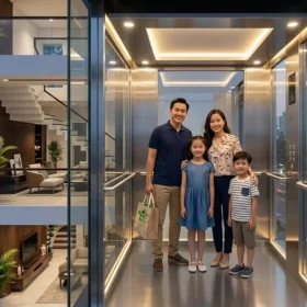 Không gian cabin thang máy gia đình nhà 5 tầng tải trọng 350kg chứa 4 người.