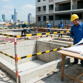 Công trình đang chuẩn bị hố pít lắp đặt thang máy gia đình nhà 5 tầng.