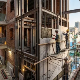 Dựng khung thép và ốp mặt tiền cho thang máy gia đình nhà 5 tầng.