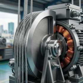 Cận cảnh động cơ không hộp số của thang máy gia đình nhà 5 tầng hiện đại.