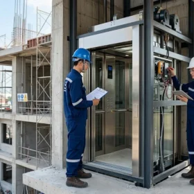 Kỹ thuật viên HD kiểm tra an toàn lắp đặt thang máy gia đình nhà 5 tầng.