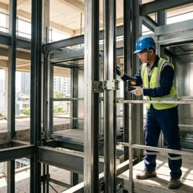 Kỹ sư giám sát thi công thang máy gia đình nhà 5 tầng tại công trình.