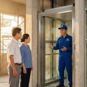 Kỹ sư High Vision đang tư vấn kỹ thuật thang máy gia đình nhà 5 tầng cho khách hàng.