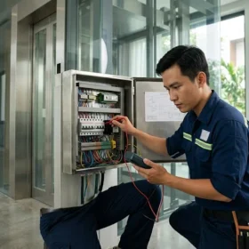 Kỹ thuật viên kiểm tra an toàn cho hệ thống thang máy gia đình nhà 5 tầng.