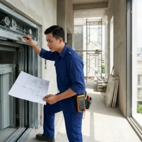 Kỹ sư High Vision thi công lắp đặt thang máy gia đình nhà 5 tầng.