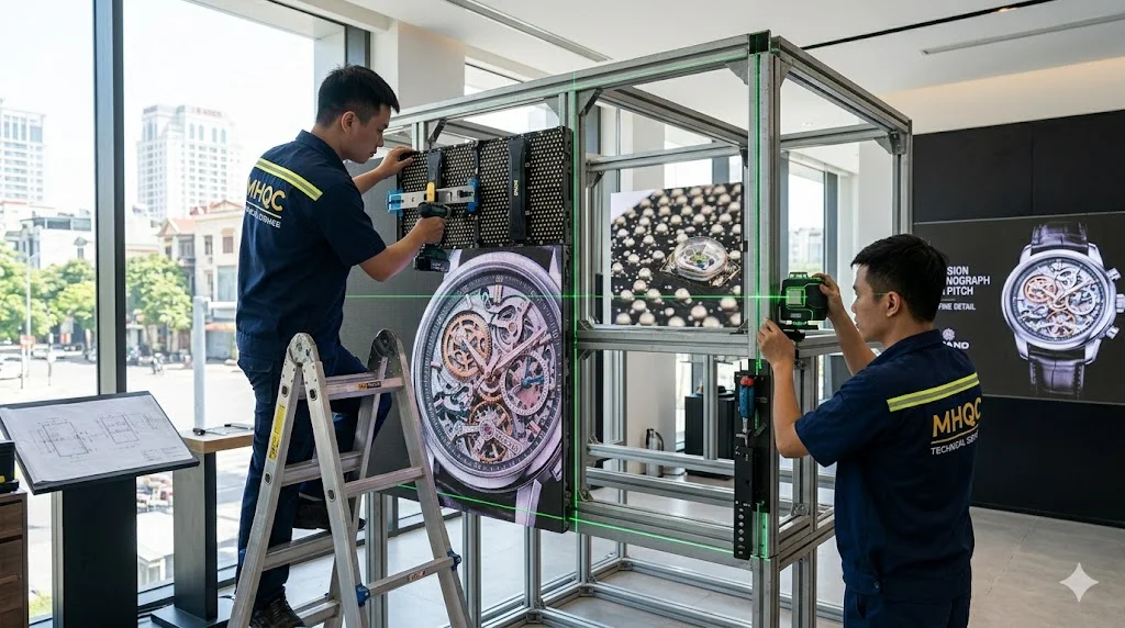 Đội ngũ kỹ thuật chuyên nghiệp đang thi công màn hình led p2 ngoài trời cho khách hàng
